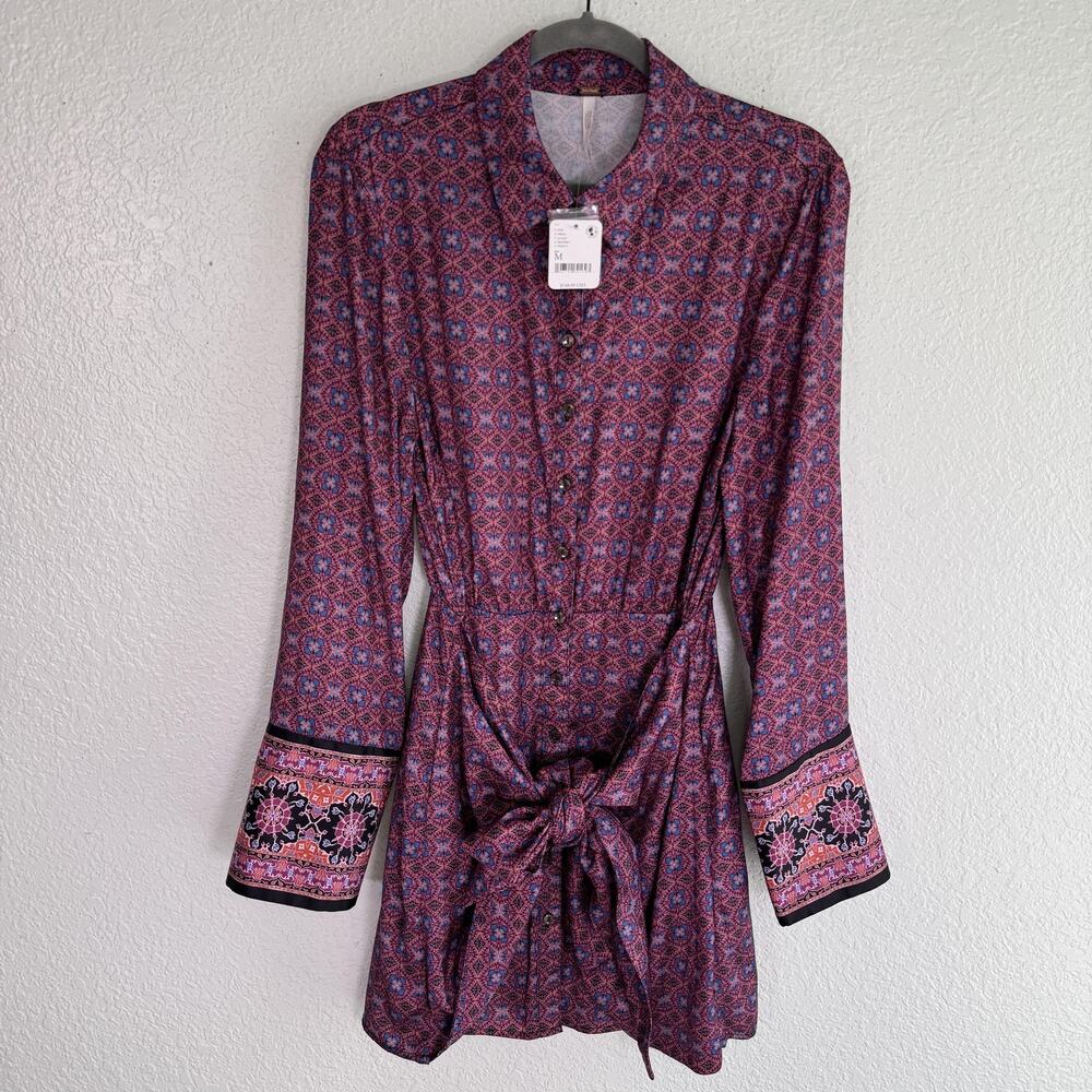 Free People Dress Womens Medium Silky Rillo Shirtdress Sarong Tie Waist Boho NEW